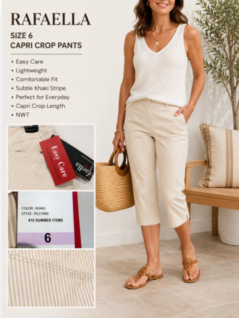 NWT Rafaella Capri Crop Pants Size 6 Easy Care Coastal Style